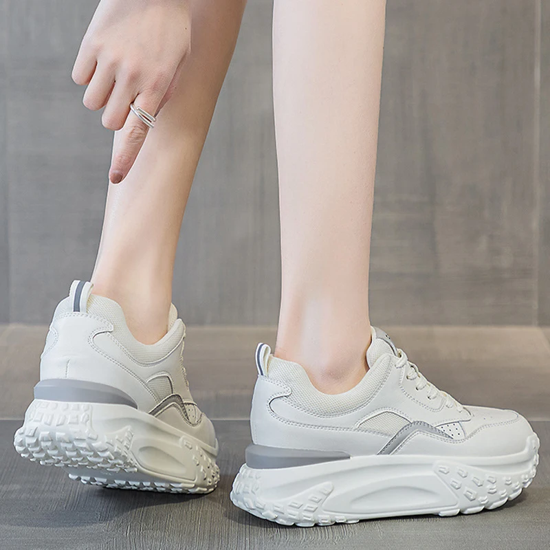 Genuine Leather 6cm Air Mesh Platform Wedge Shoes Chunky Sneaker Casual Comfy High Brand Breathable Spring Summer Woman Shoes