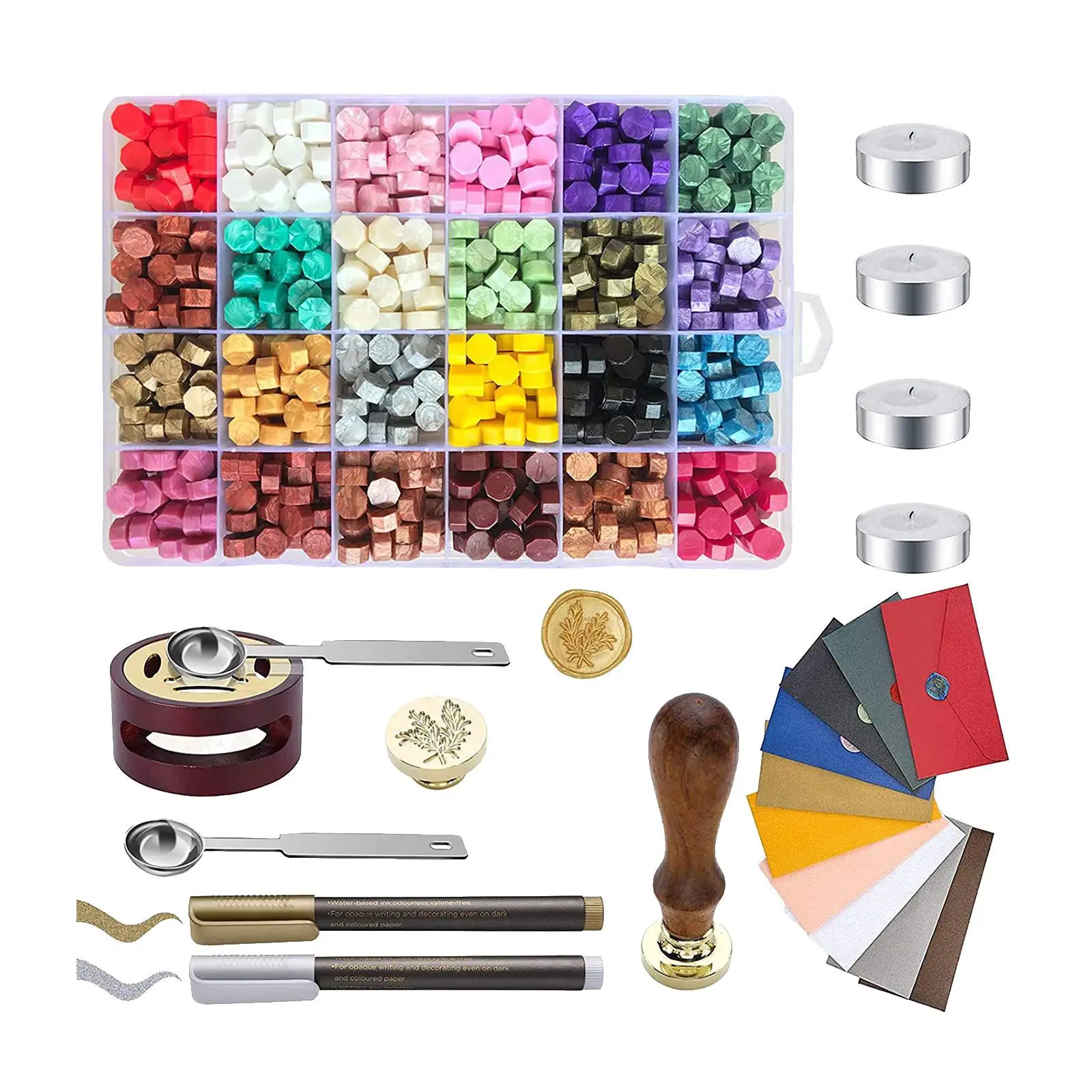 

Wax Seal Stamp Kit 24 Colors Wax Seal Beads 4 Tea Candles for Gift Wrapping