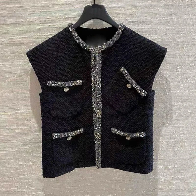 

Spring New Style Sleeveless Vest Coat Women's Loose Jaqueta Feminina Black Tweed Knitted Waistcoat Female