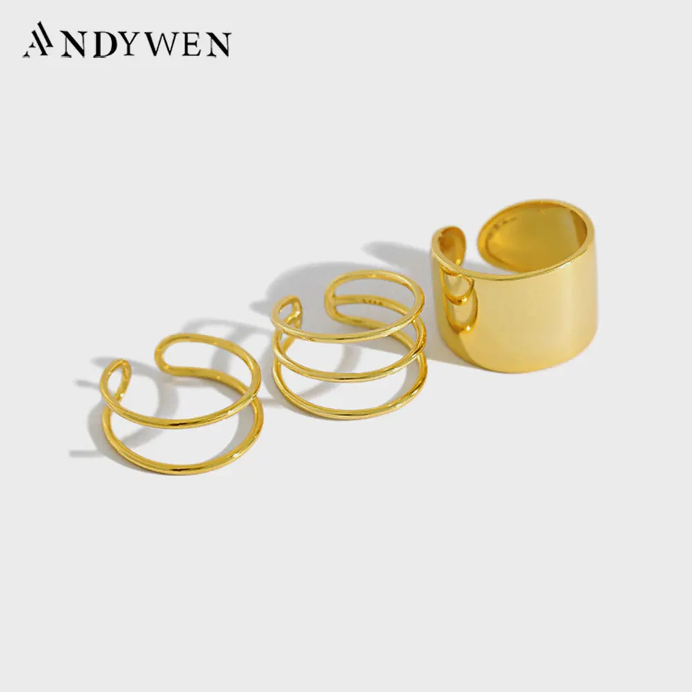 

Кольца Andywen из стерлингового серебра 925 пробы, золотистые тонкие кольца, регулируемые женские модные свадебные украшения в стиле рок, панк