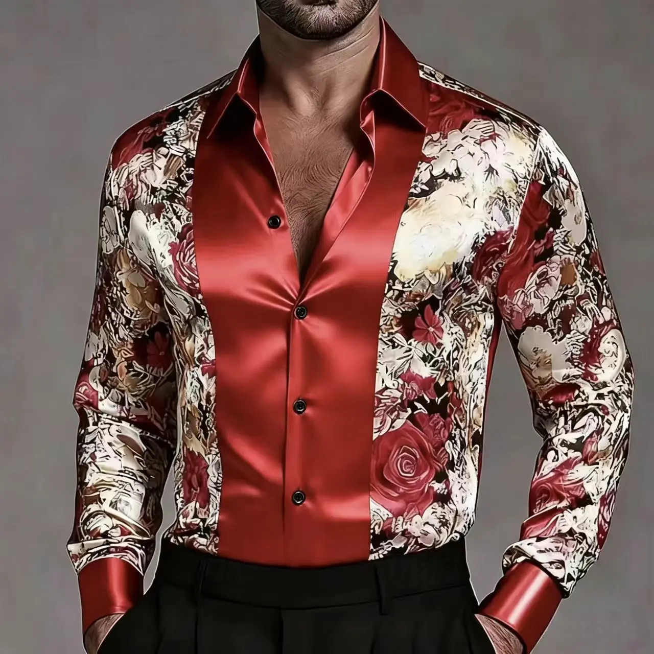 Фото Мужская модная рубашка Slim Fit с контрастным атласным полосатым цветочным узором, элегантная и удобная, высококачественный повседневный топ №2