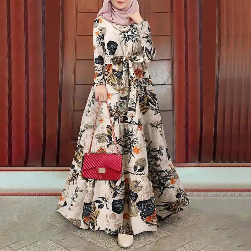 3XL Vintage Printed Sundress Women Muslim Dress 2022 Casual Floral Maxi Vestidos Female Dubai Turkey Abaya Hijab Robe Femme