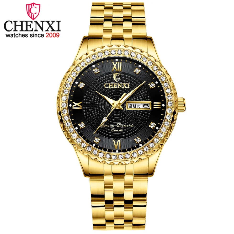 

CHENXI Luxury Rhinestone Golden Stainless Steel Watch Men Business Quartz Clock Waterproof Wrist Watches Relogio Masculino