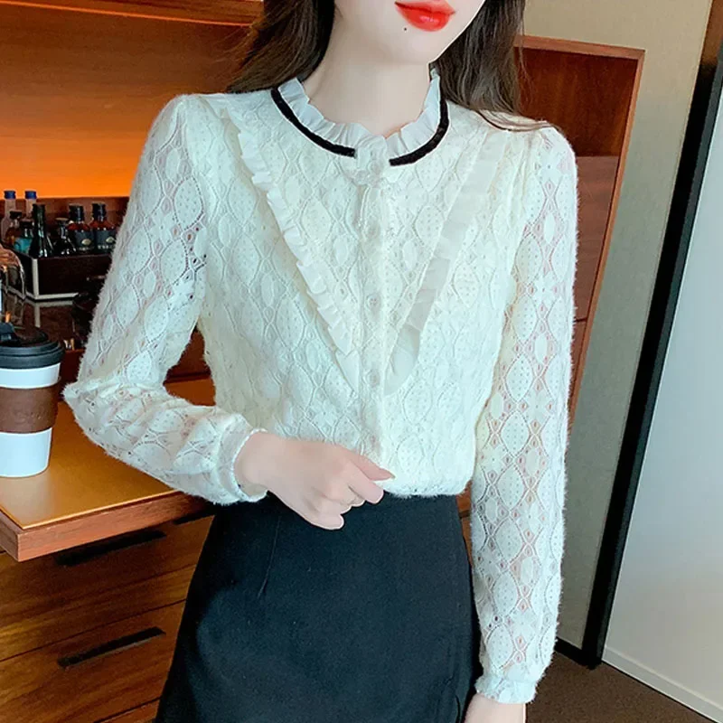 Модная кружевная женская рубашка с рюшами и оборками бархатная утепленная