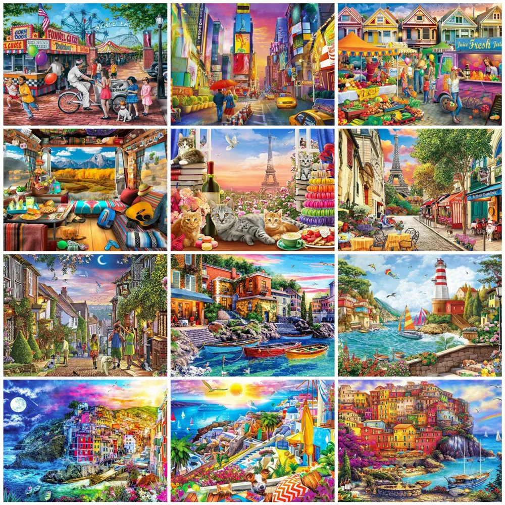 

HUACAN Oil Painting City Scenery Handpainted DIY Frame Picture By Number Seaside House Landscape Drawing On Canvas Decoration