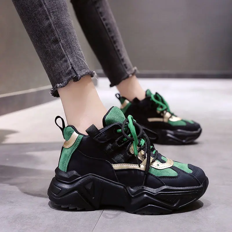 

2022 Black Green Women Shoes New Chunky Sneakers for Women Lace-Up Vulcanize Shoes Casual Fashion Dad Shoes Platform Sneakers
