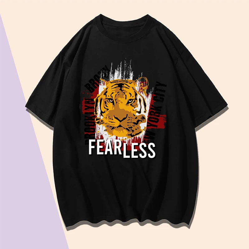 

Summer Short Sleeve T-shirt Graffiti Art Tiger Print T Shirt for Men 100% Cotton Round Neck Casual Plus Size Y2K Black T Shirts