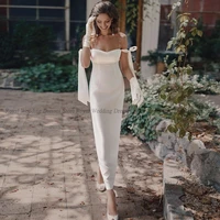 high quality mermaid wedding dresses satin open back boat knot neck off the shoulder 2022 summer knee length gowns robe de ma