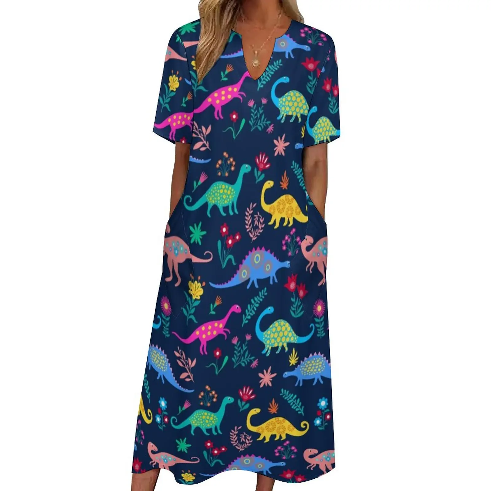 

Cute Dinosaur Dress Cartoon Animal Print Vintage Maxi Dress Street Fashion Bohemia Long Dresses Spring V Neck Custom Vestidos