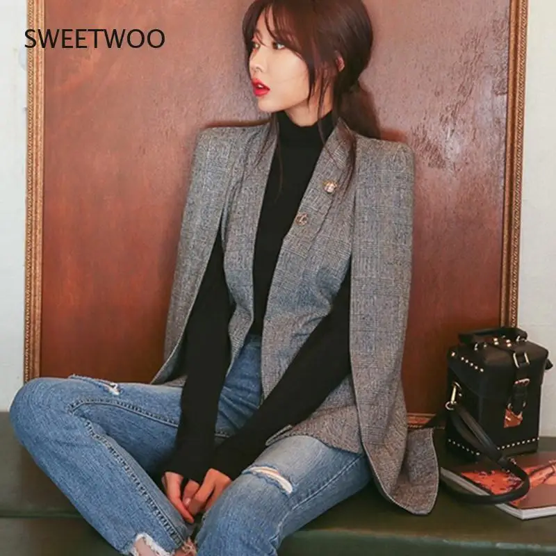 Spring Autumn Cloak Cape Blazer Women Poncho Coat Notch Lapel Split Long Sleeve Casual Clothes Suit Jacket Female Outwear Tops