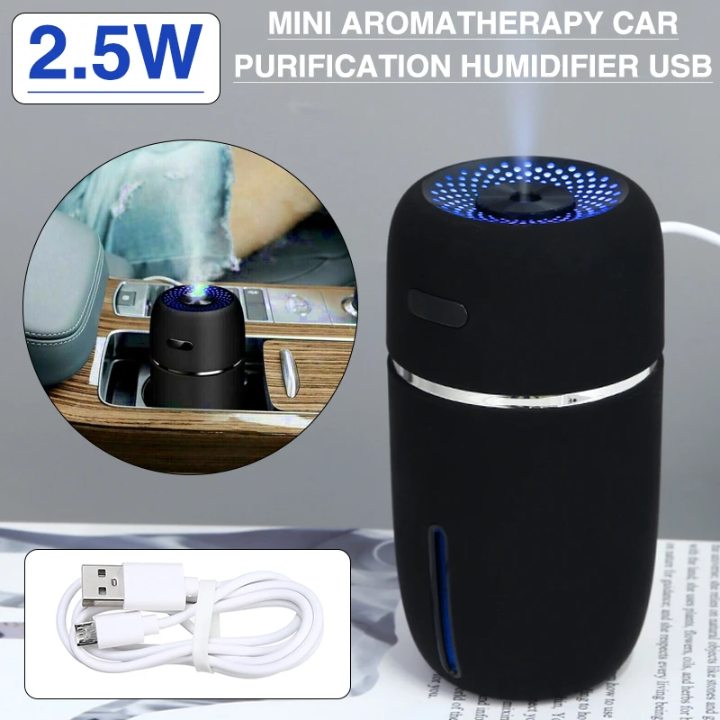 

Portable Mini Humidifier Car Air Purifier Oil Aroma Diffuser Cool Mist USB 200ml Balck Electric Air Humidifier With Night Light