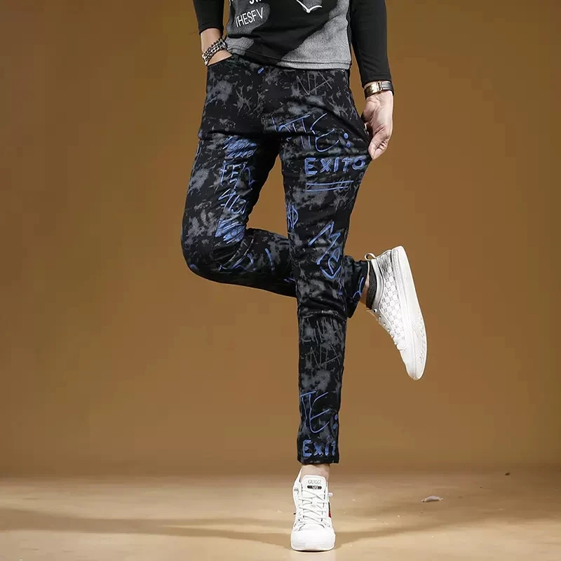 Autumn Men Black Printed Jeans Fashion Slim Fit Straight Pants Streetwear Casual Camouflage Denim Trousers