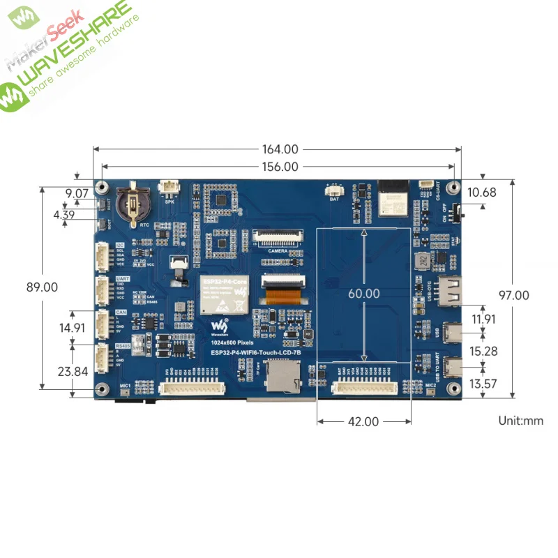 Фото SKU-32511 Waveshare ESP32-P4-WIFI6 7-дюймовая 5-точечная плата для разработки сенсорного дисплея, на базе ESP32-P4 и ESP32-C6, 1024 × 600 Res №1