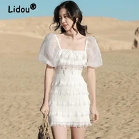 white backless sexy cupcake dress summer puff sleeves square collar dress korean style elegant short sleeve dress for female
