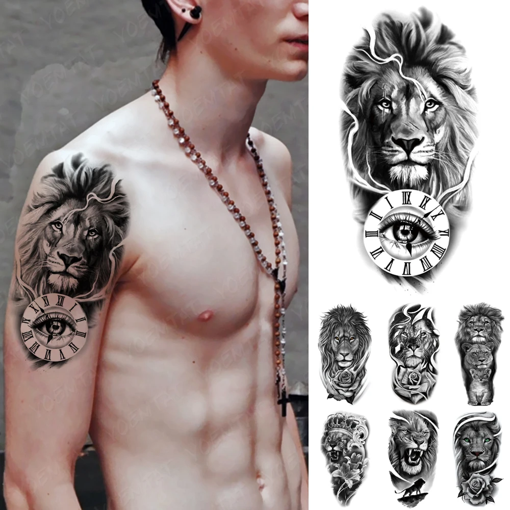 Водостойкая Временная тату-наклейка часы Лев волк тигр глаза роза змея