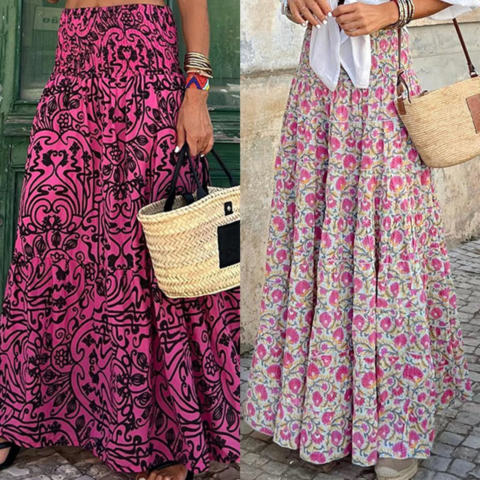 

Vintage Floral Print A-line Rubber Band Waist Pleats Skirts Women Half-length Long Skirt Swing Holiday Fashion Simple Skirts