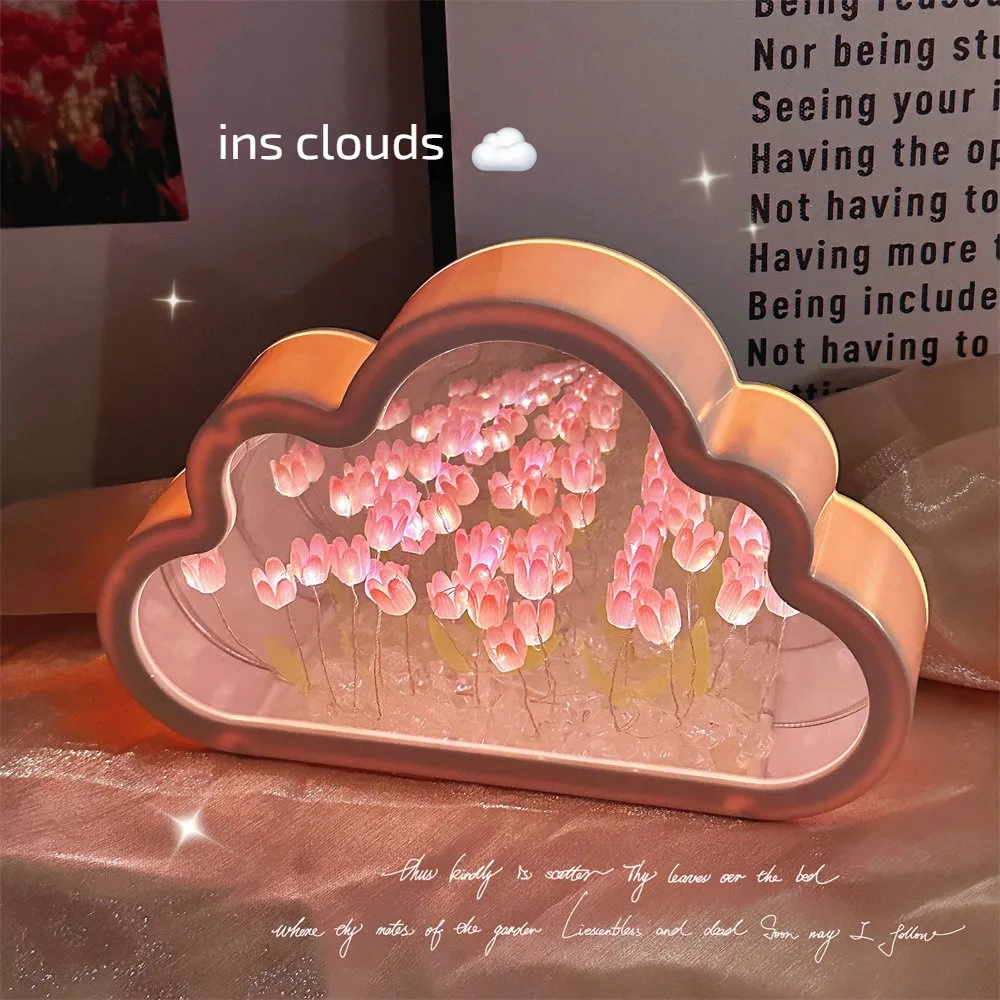

Cloud Mirror Buttoned Beautiful Color Creative Novelty Stable Base Durable Lighting Ins Night Light Tulip Flower Sea Lantern