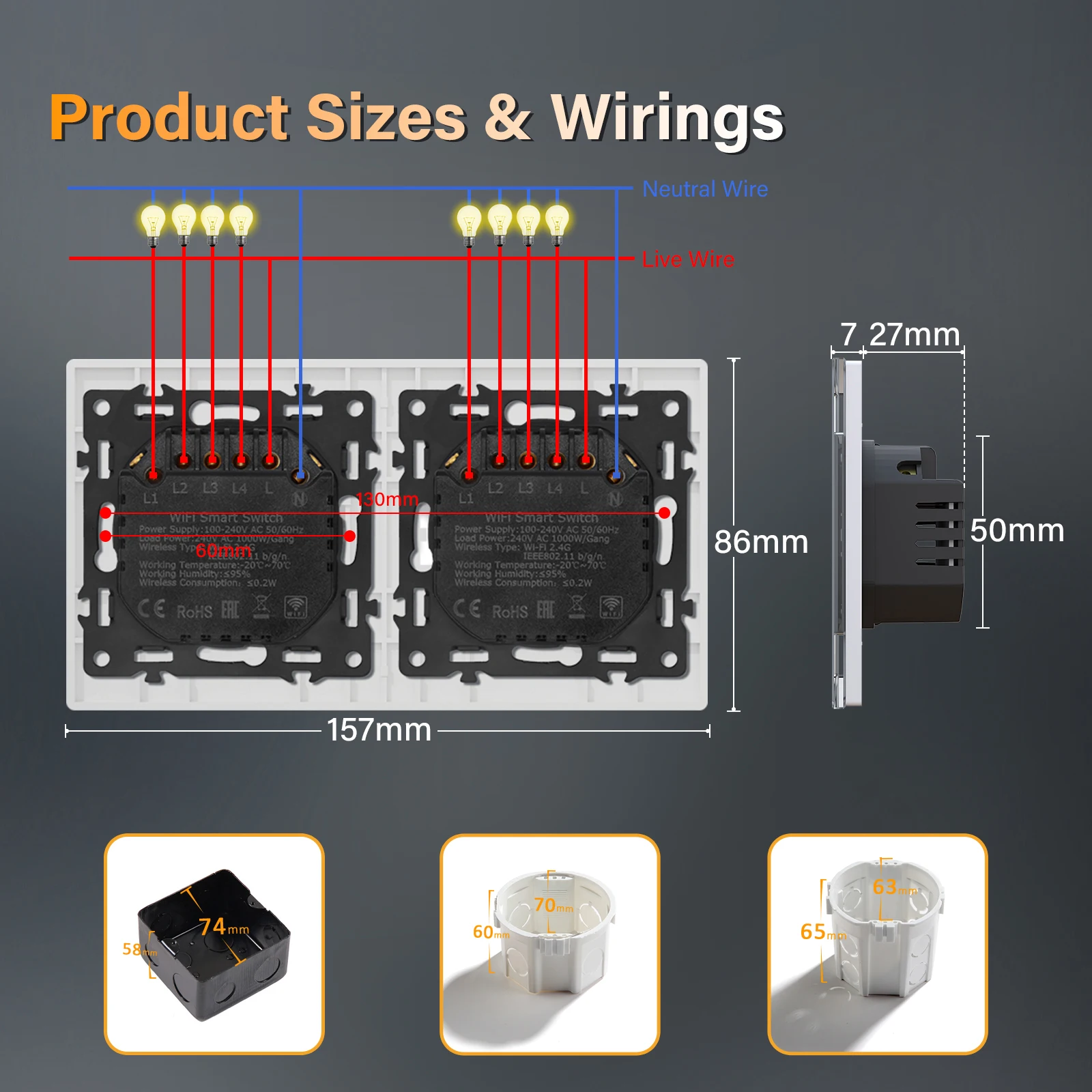 Фото BSEED WIFI Click Switches Series 1/2/3/4Gang Настенные умные выключатели света Желтая подсветка Стеклянная рамка для Tuya APP Стандарт ЕС №2