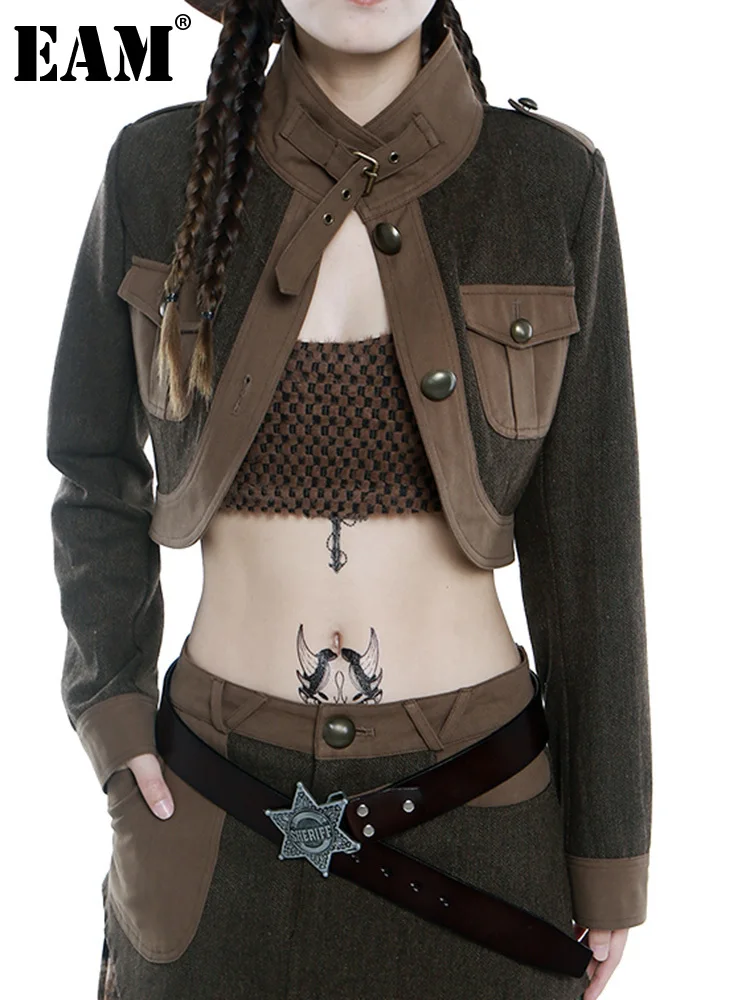 

[EAM] кофейная шерстяная короткая куртка с карманами, новинка, Женское пальто с воротником-стойкой и длинным рукавом, модная весенне-осенняя ...