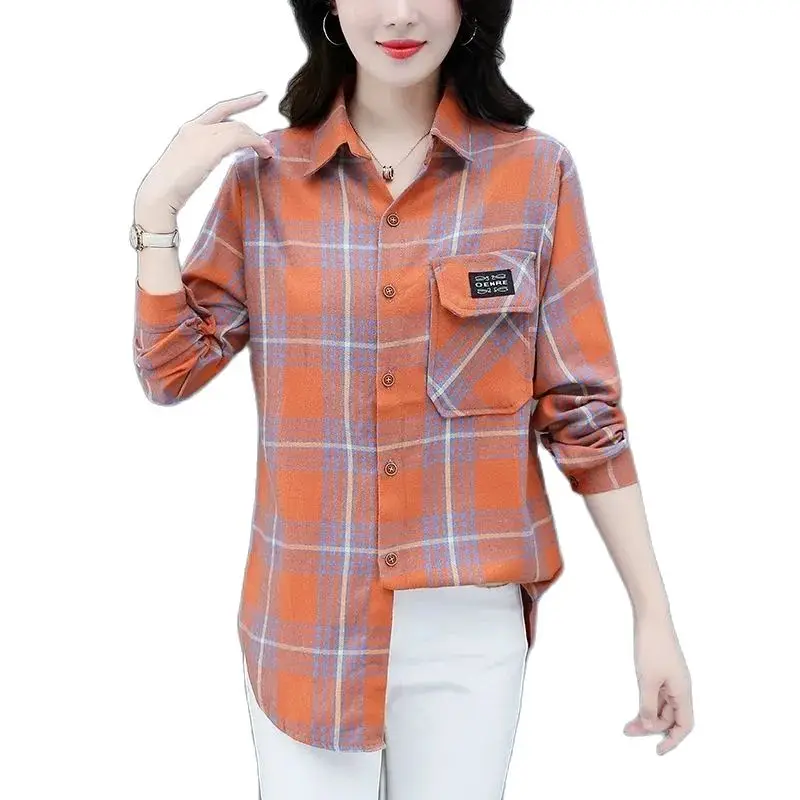 

Spring And Autumn New Fashion Loose Plaid Cotton Shirt Women's Sanded Long Sleeve Covered Belly Shirt Large Size Casual Jacket