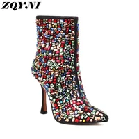ZQYNI-Luxury sexy short boots, pointed Rhinestone colored high heels, new thin high heels and thin fashion boots in autumn 2022