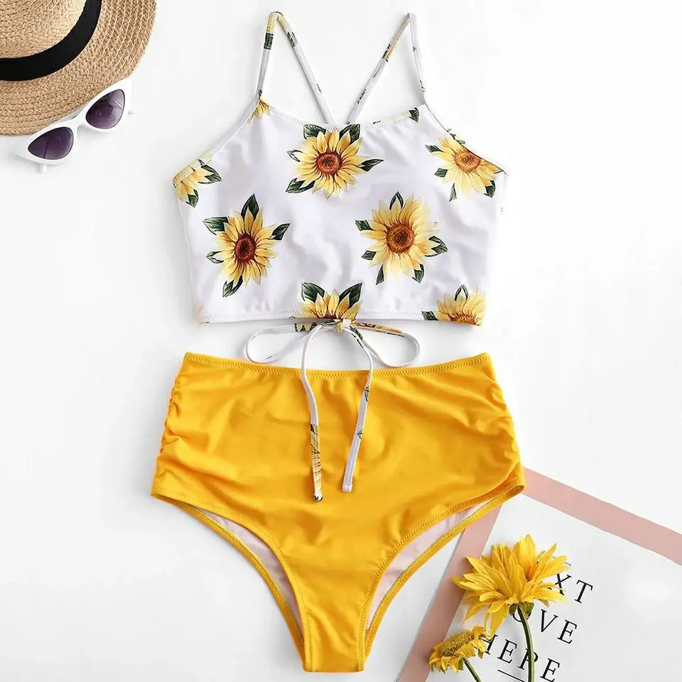 

European and American Sexy Bikini Swimsuit Sunflower Print High Waist Split Bikini