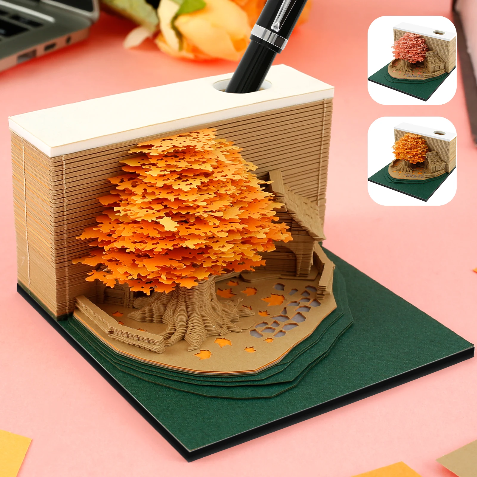 

3D Art Notepad Creative 3D Memo Pad with Pen Holder Tear-Away DIY 3D Desk Note Decorative Tree House Notepad Paper 3D Art Notes