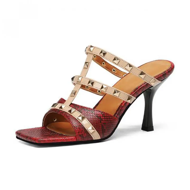 

Сандалии Soze женские на высоком каблуке 8,5 см, босоножки с квадратным носком и заклепками, тапочки с открытым носком, большие размеры, лето