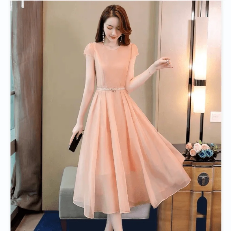 

Women Summer Chiffon Dress High Quality Short Sleeve O-Neck Midi Dress Slim Waist Korean Fashion Elegant Dress Women's Clothing