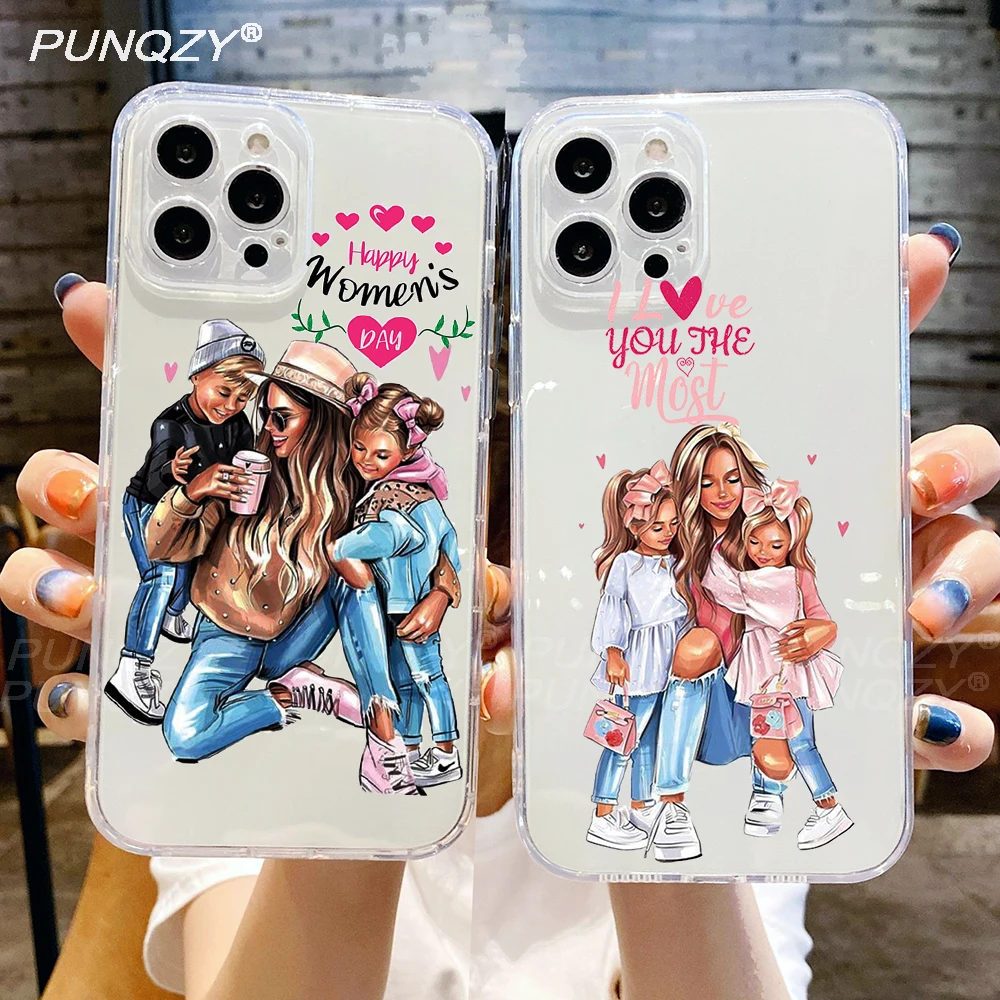 

PUNQZY Fashion MaMa Of Girl Boy Mom Baby Cute Phone Case For Samsung Galaxy S21 A72 A32 A12 5G S20 FE A73 A53 S22 Soft TPU Cover