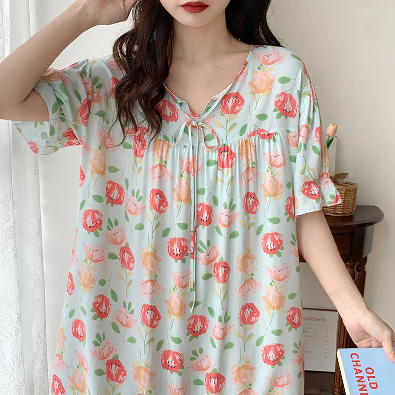 Short Sleeve Women Nightgown Sleepdress Printing Home Clothes Cotton Lounge Pijamas Homewear Vestidos De Noche пижама