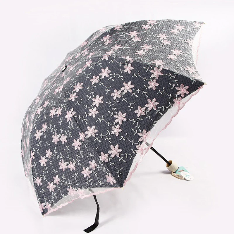 

Double Layer Embroidery Flower Lace Umbrella Strong Windproof Women Princess Wedding Decor Fashion Sun Parasol Black Anti UV