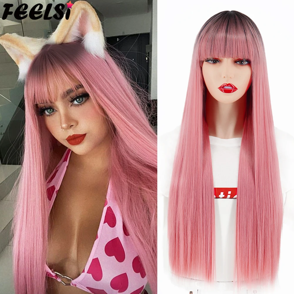 

FEELSI Synthetic Hair Long Straight Wig With Bangs Christmas Pink Black Ombre Wig Red Brown 26Inch Halloween Cosplay For Women
