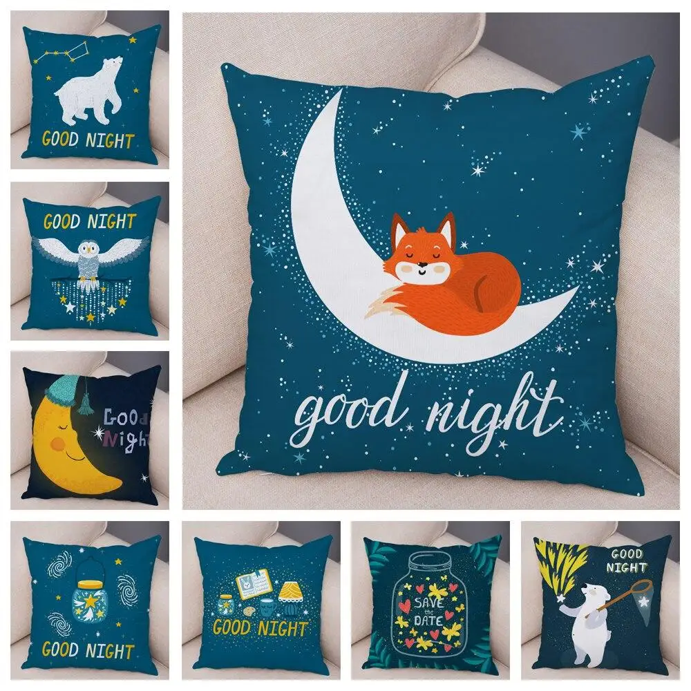 

Children's Room Sofa Good Night Cushion Cover Cute Cat Fox Owl Pillowcase Soft Cute Cartoon Animal Pillowcase
