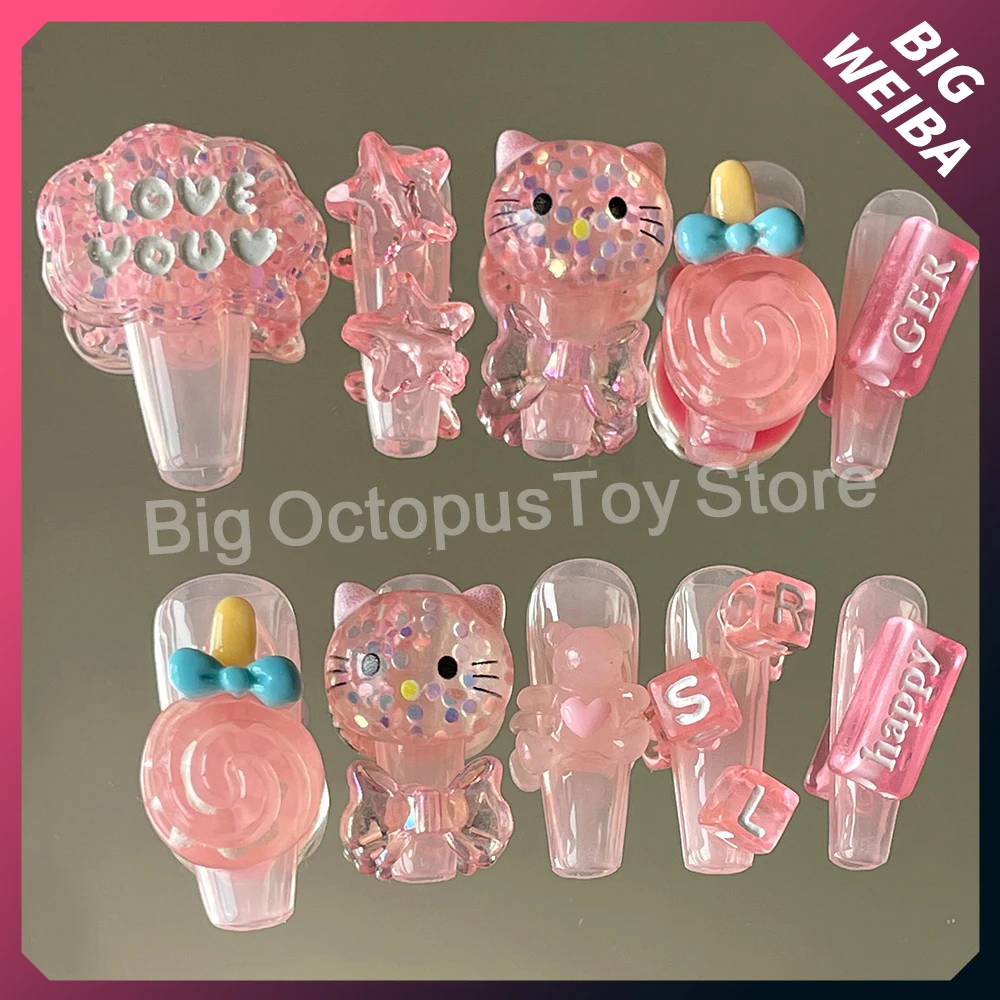 

Kawaii Diy Hello Kitty Nail Стразы съемный розовый Кот медведь бант длинный гроб полное покрытие накладные ногти подарок для девушки