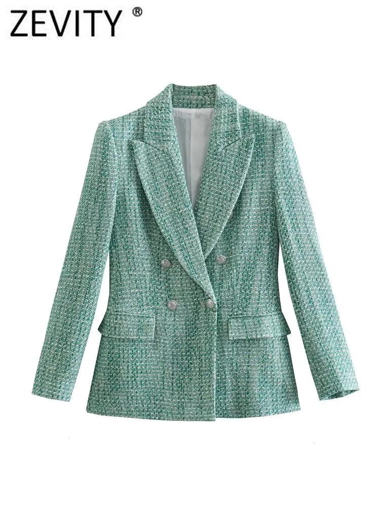 

Zevity New Women Fashion Double Breasted Tweed Woolen Flap Pocket Blazer Coat Female Notched Collar Chic Veste Suits Tops CT4433