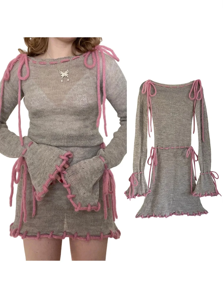 Women Knitted Tank Short Dress Sleeveless Tie Up Shoulder Hollow Out Crochet Knitting Mini Dress Beach Dresses
