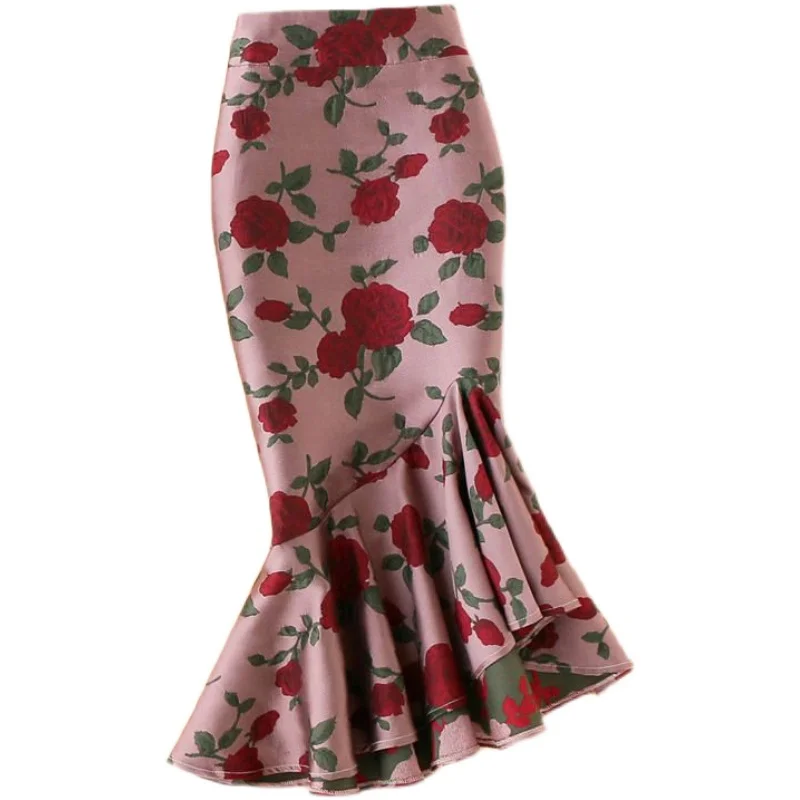 

Юбка-годе Женская плиссированная до колена, облегающая Асимметричная юбка-годе с завышенной талией, с принтом русалки, французская красная ...