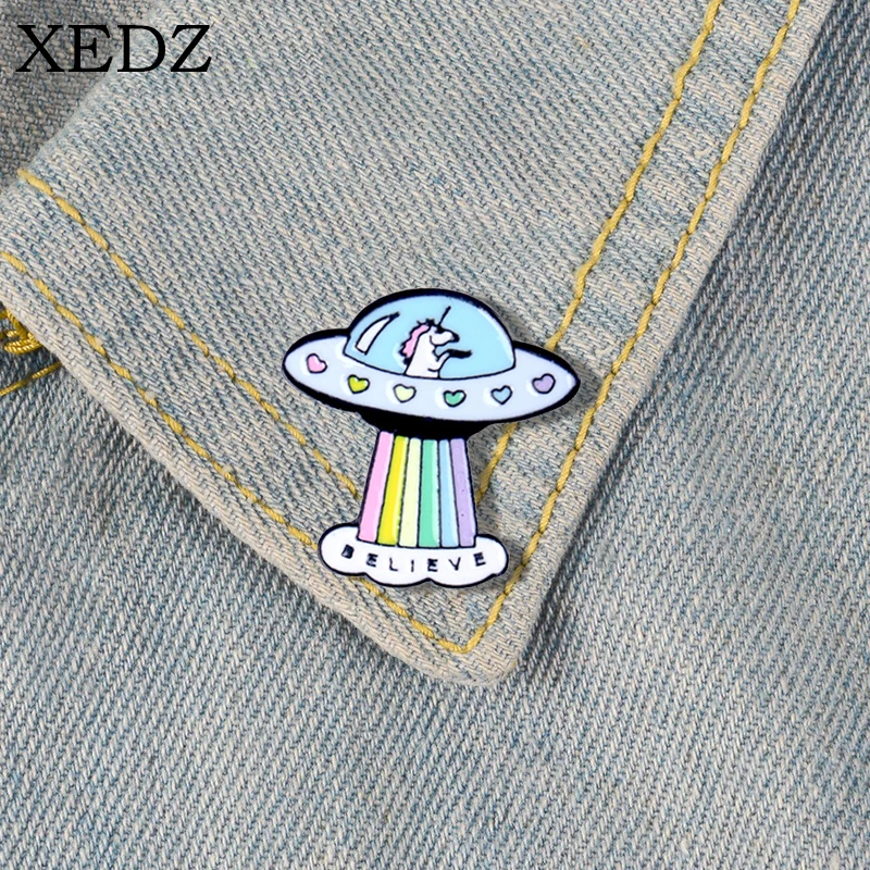 

XEDZ Unicorn Enamel Brooch Fashion Rainbow Spaceship Charm Alien Metal Badge Punk Bag Clothing Accessories Lapel Pins Jewelry