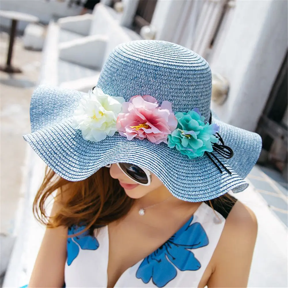 

Casual Cute Flower Wide Brim Hand Made Straw Hat Sun Hat Shade Cap Beach Cap