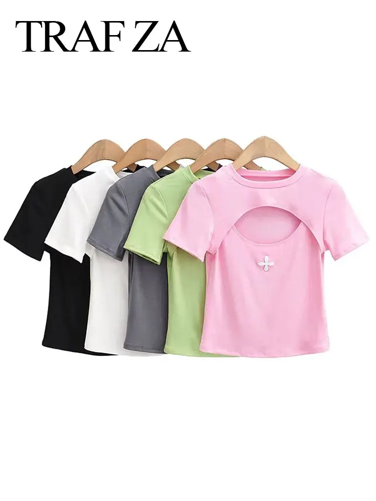 

TRAF ZA 2022 Summer Women's Cute T-shirt Knitted Fabric Breathable Solid Color Round Neck Short-sleeved Chic Hollow Top Vest