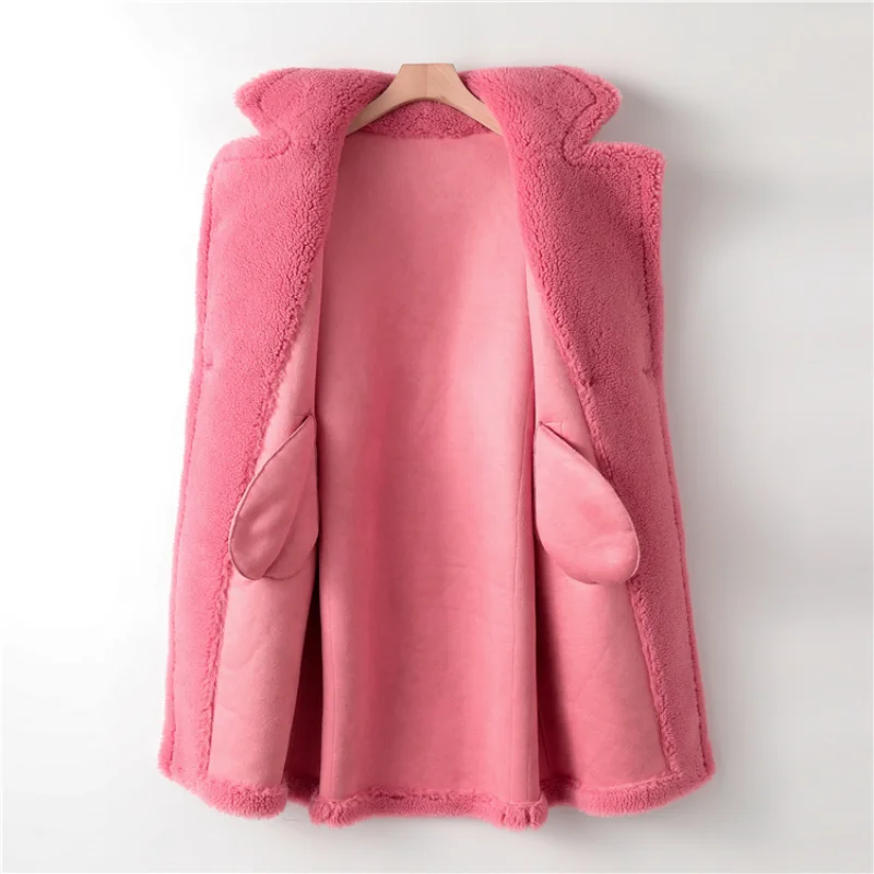 Winter New Cashmere Medium Length Lamb Faux Fur Coat for Women Solid Long Sleeve Faux Fur Coat Women Winter Jacket