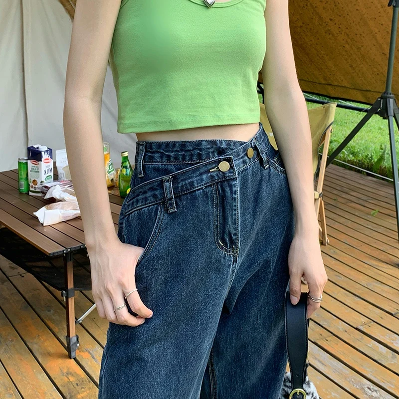 

Большие осенние нестандартные джинсы, женские темно-синие универсальные брюки с широкими штанинами