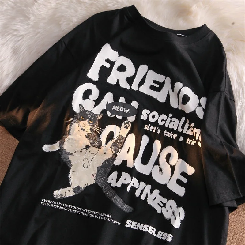 

Футболка женская хлопковая с круглым вырезом, Милый Винтажный Топ в стиле High Street, Повседневная рубашка в готическом стиле, с аниме принтом кота, лето 2022