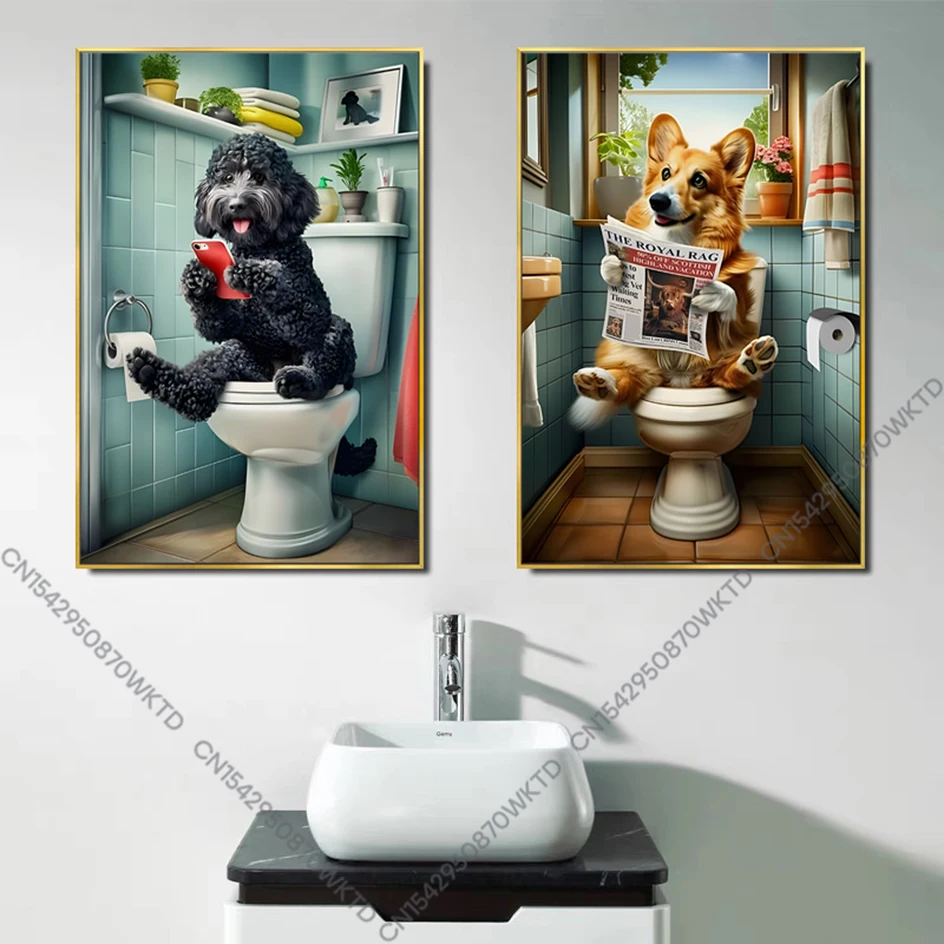Забавная милая собака сидящая на туалете газета для чтения плакат принты