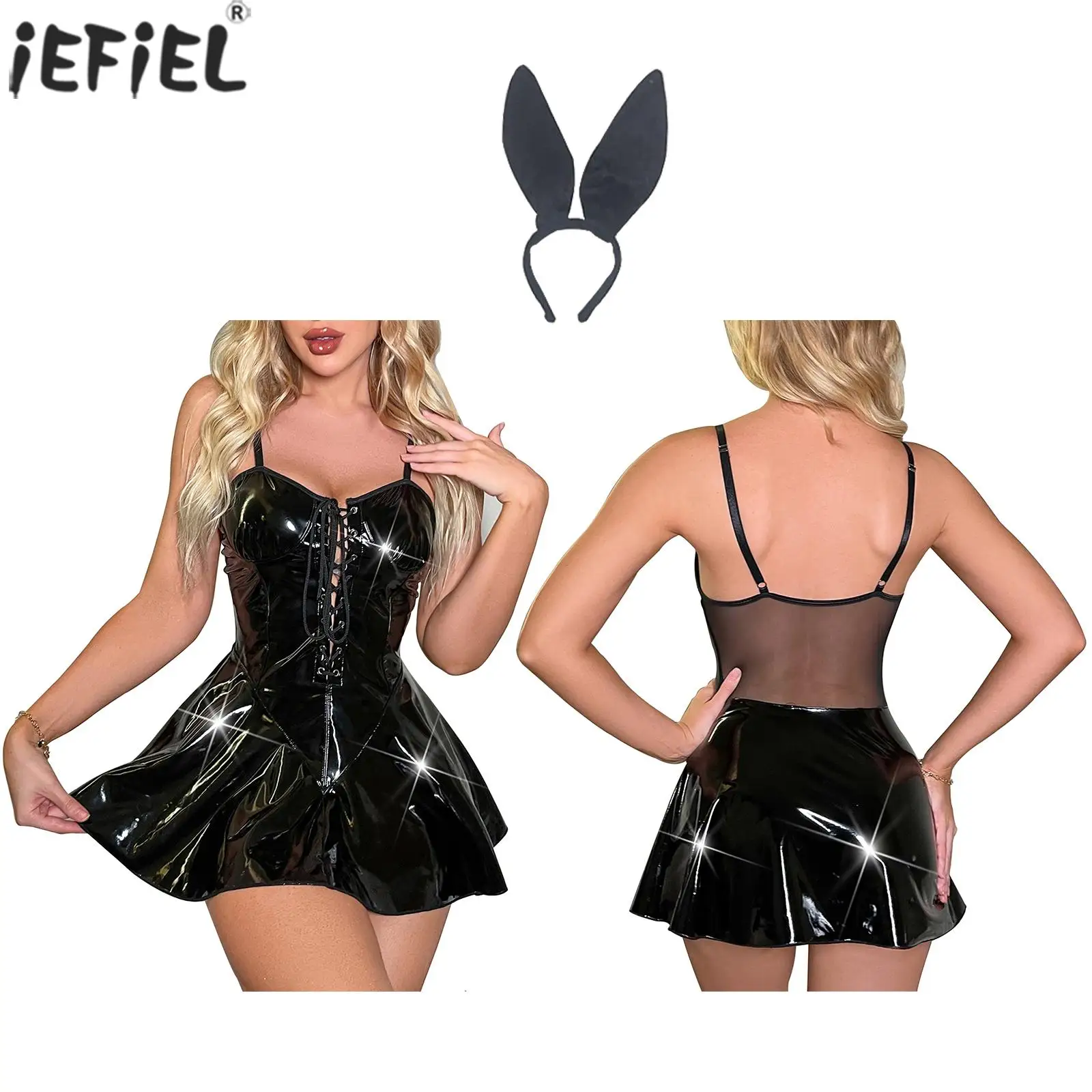 

Womens Sheer Mesh Patchwork Back Dresses Halloween Clubwear Lace-up Glossy Patent Leather Flared Dress with Rabbit Ear Headwear