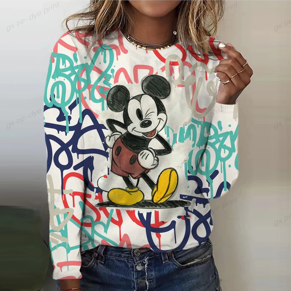 

Повседневная Женская футболка с круглым вырезом и мультипликационным принтом Диснея Минни Микки, модная свободная футболка с длинными рук...