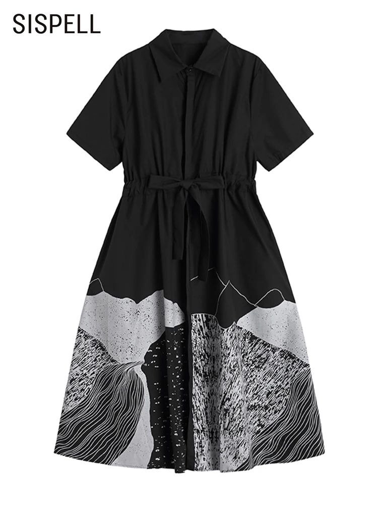 

SISPELL Casual Patchwork Colorblock Dress For Women Lapel Short Sleeve High Waist Loose Midi Dresses Female Summer Clothing 2022