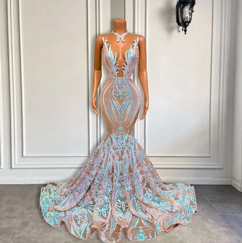 

Sliver Prom Dresses 2022 Lace Mermaid Sleeveless Sparkly Sequins Floor Length Evening Gowns