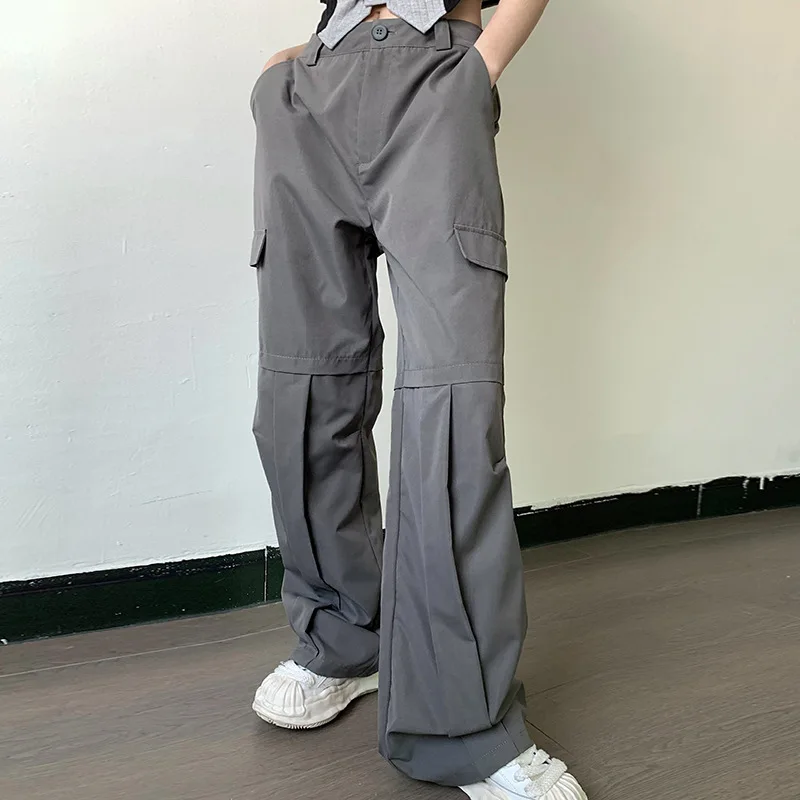 

Women's 2022 Hair Style Woven Pants American Street Style Split Pocket Design Loose Casual Dark Gray Overalls Trousers